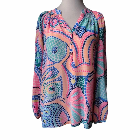 Lilly Pulitzer Tops - LILLY PULITZER Elsa Silk Blouse S Tile Wave Mosaic Women's Top